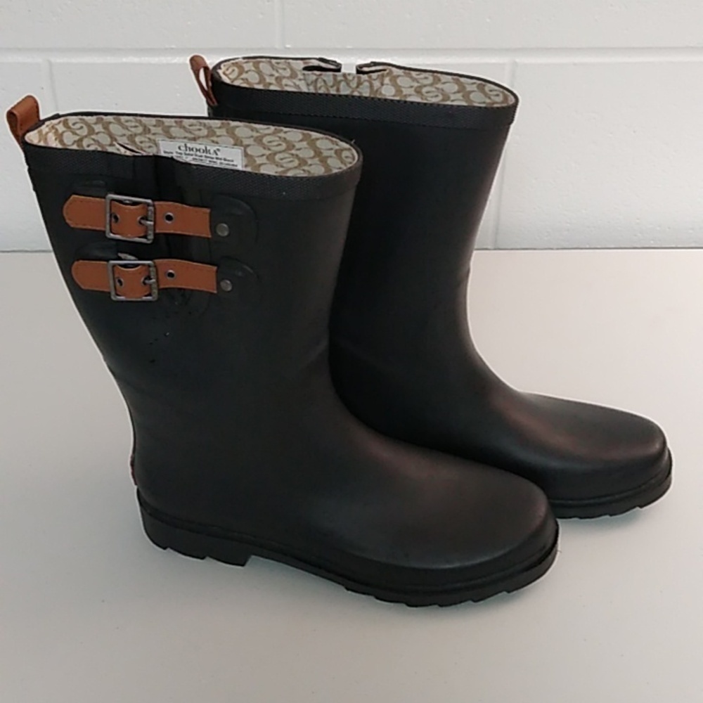 CHOOKA RAIN BOOTS, 12" SHAFT, BLACK WITH BROWN BUCKLES SIZE 10 - Picture 10 of 10